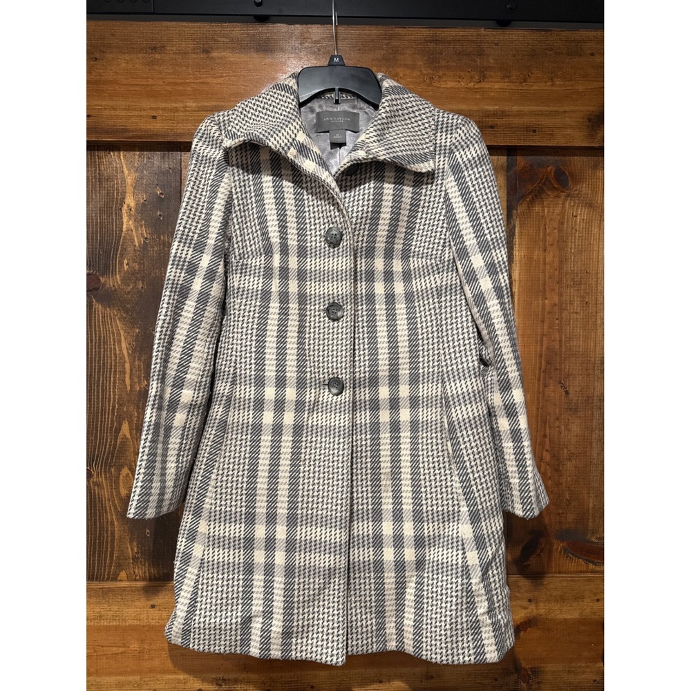 Ann Taylor Petites Wool Blend Plaid Walker Coat Gray Black White Size 0P